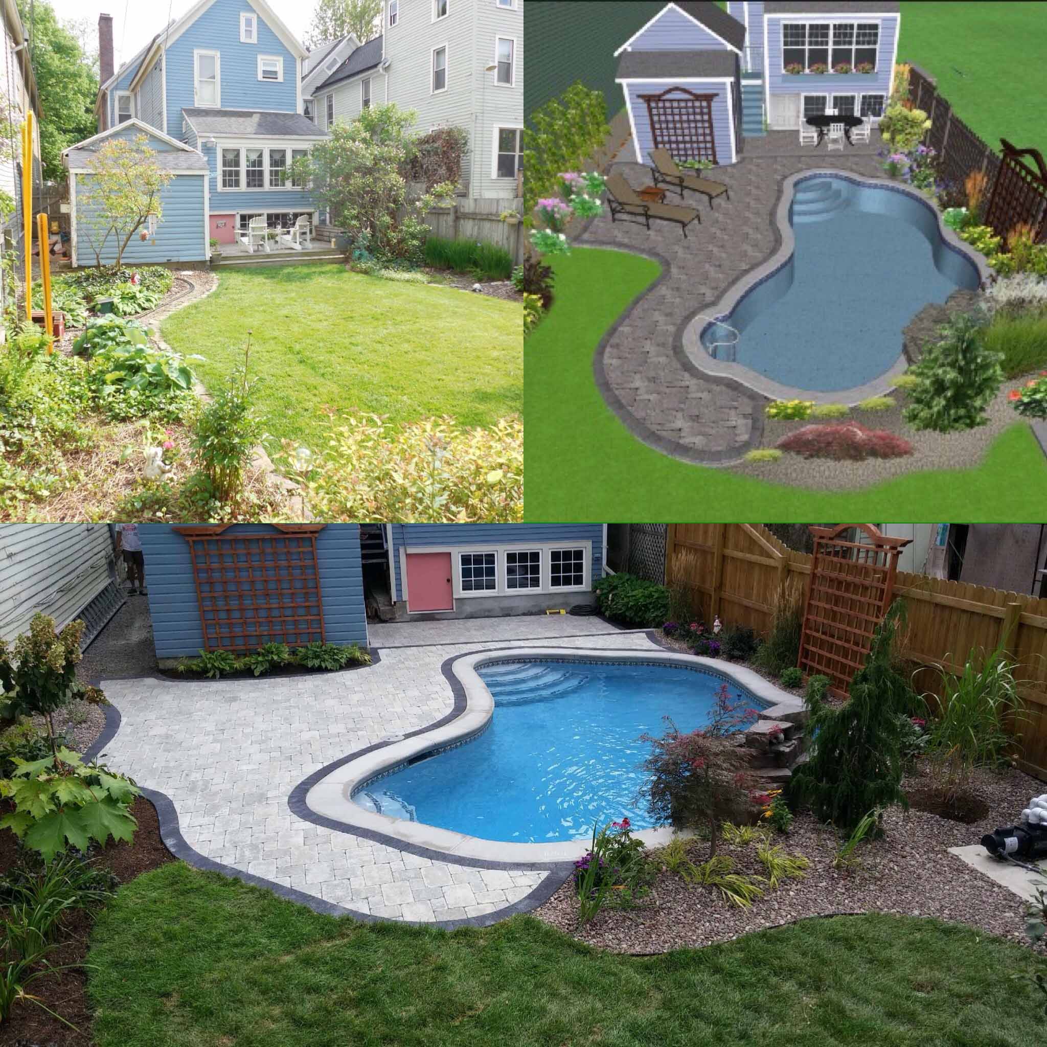 Pool deck, patio, wall, and sod