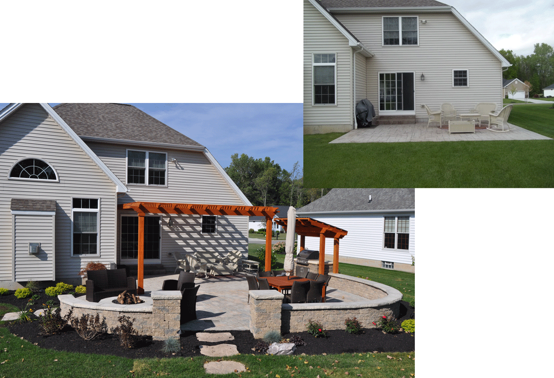 Award winning patio, wall, grill island, natural gas fire pit, low voltage lighting, and planting
